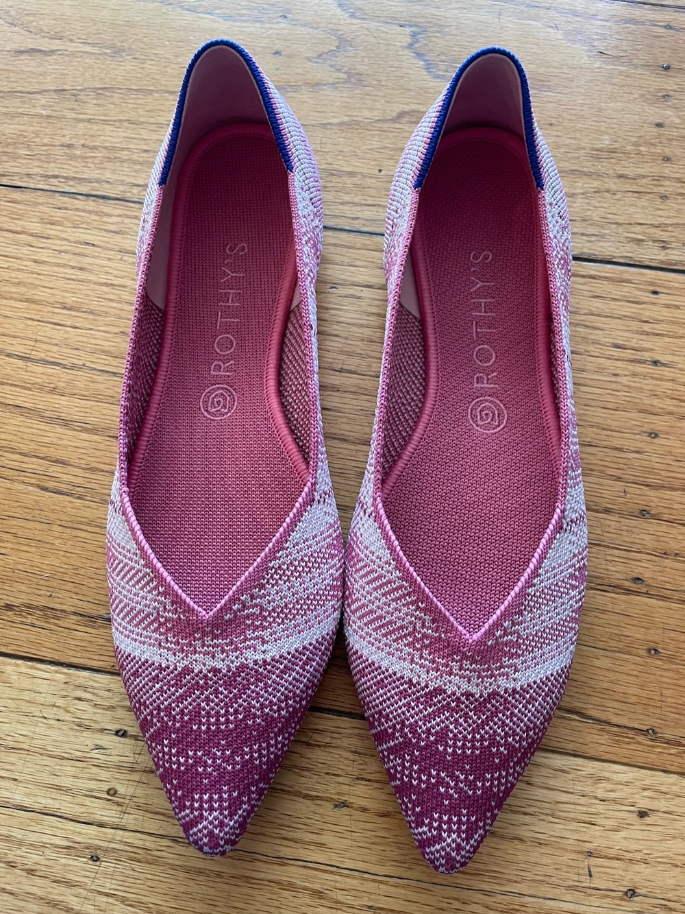 Rothy's Pink Pointed Knit Flats with Cream Accent